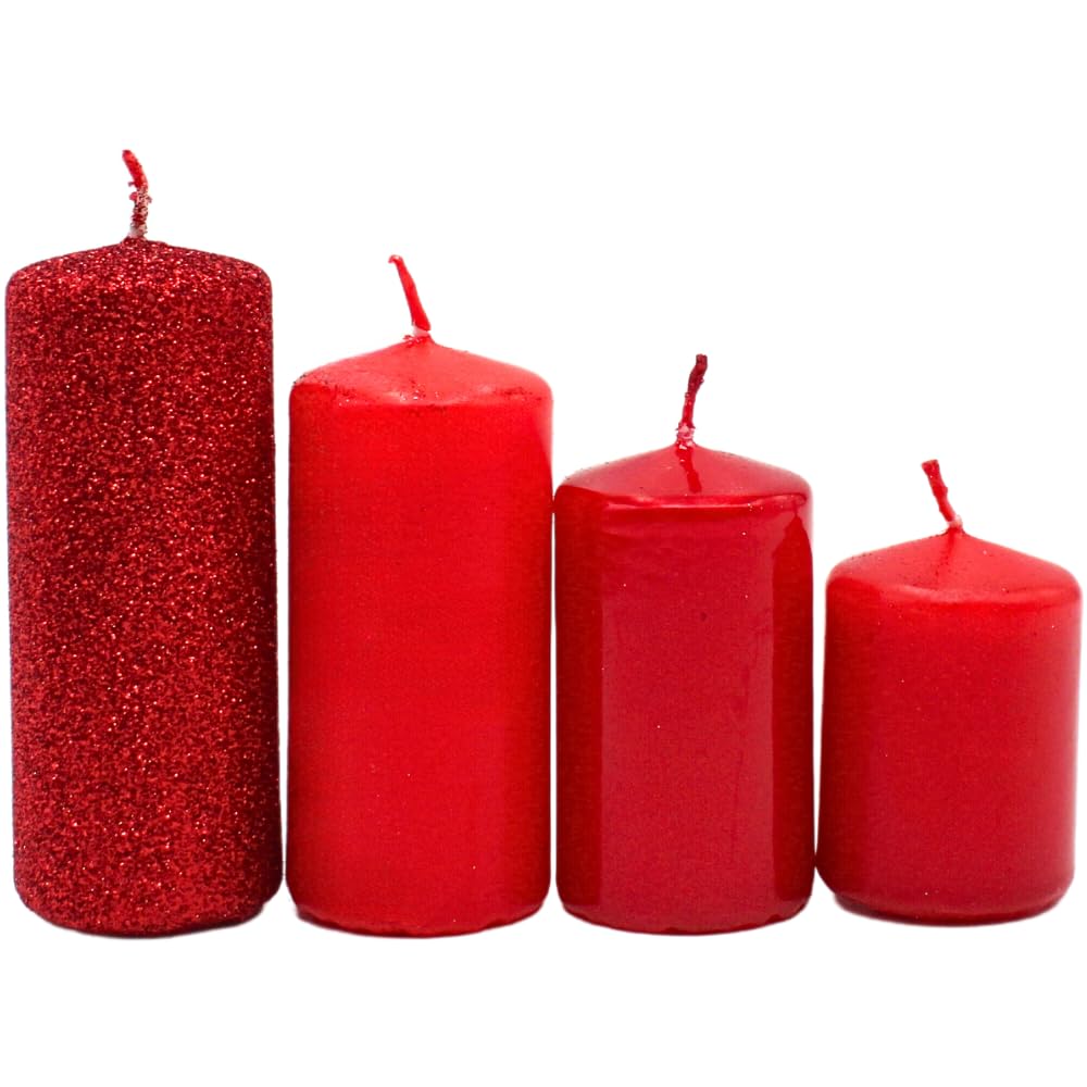 Tiered Pillar Candles, Advent Candles, Advent Wreath Candles, in Red Tones, Unscented, 4 Sizes, Height 5-10 cm, Diameter 4 cm Each, 280 g, Red
