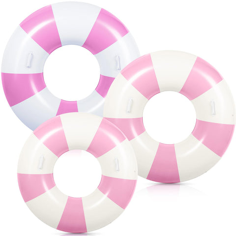 WinnerWhy 3 Pcs Large Swim Ring with Handles Set 47.24" 39.37" 35.43" Inflatable Pool Inner Tube Classic Striped Pool Ring Floats for Adults Teens Summer Lounger Beach Party Supplies (Pink, White)