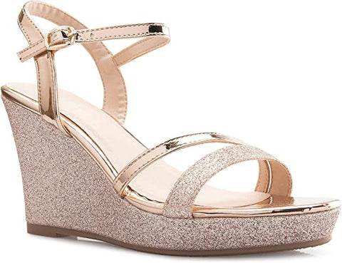 Forever FQ22 Women's Glitter Strappy Wrapped Wedge Heel Platform Sandals, Rose Gold-1, Size 8.5