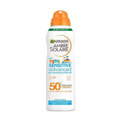 Garnier Ambre Solaire SPF 50+ Kids Anti-Sand Mist, Children's Sun Protection Spray, Non-Greasy and Fast-Absorbing, Water- and Sand-Resistant, Hypoallergenic, Sensitive Advanced, 150 ml