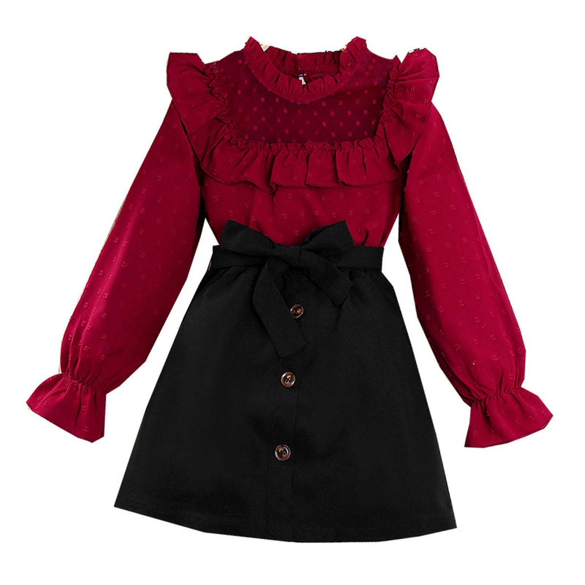 es-uk Girls Skirt & Top Set - Long Sleeve Frill Neck Swiss Dot Red Top and Black Skirt Sets Girls Outfit (Red, 9-10 Years)