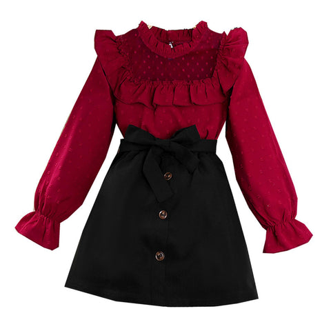 es-uk Girls Skirt & Top Set - Long Sleeve Frill Neck Swiss Dot Red Top and Black Skirt Sets Girls Outfit (Red, 9-10 Years)