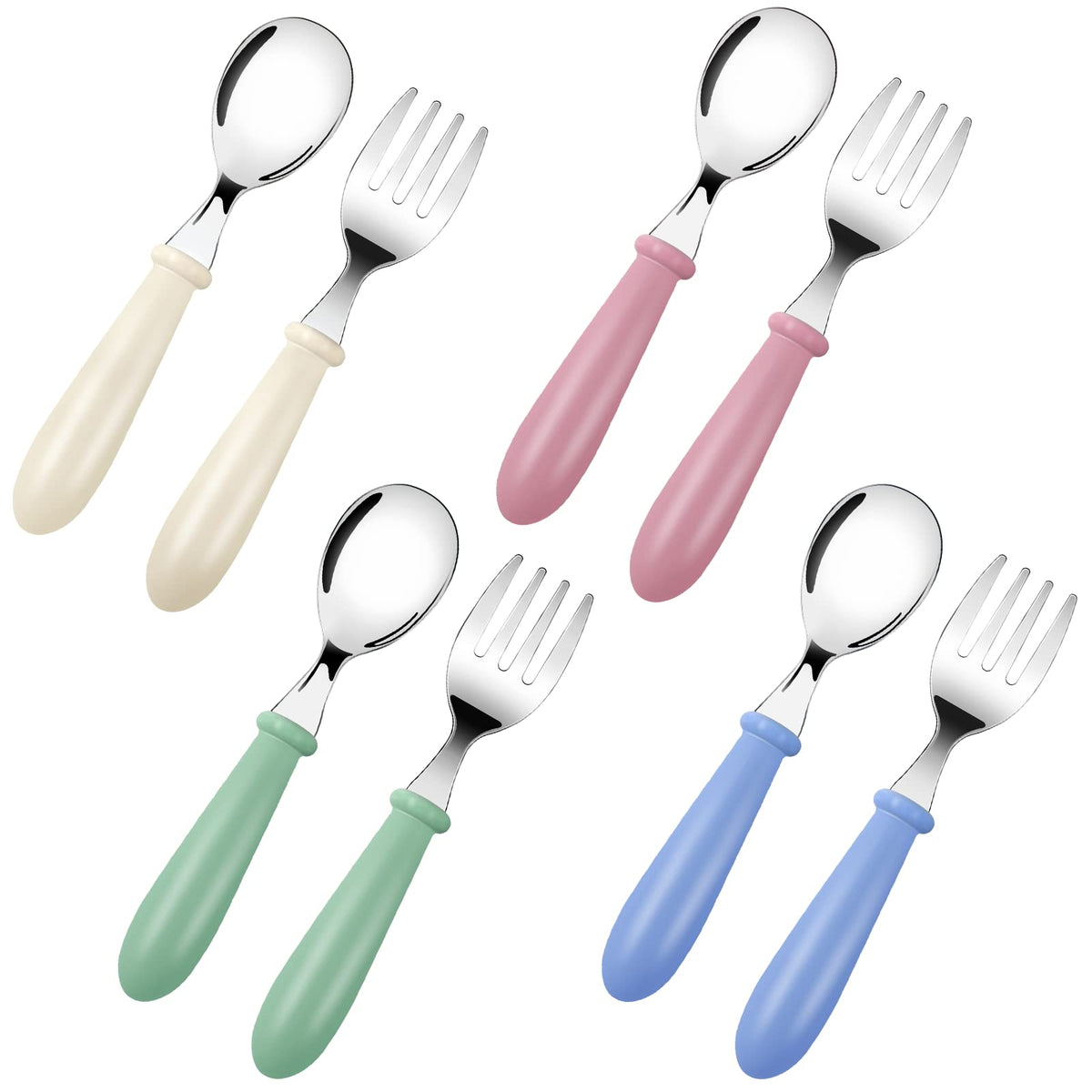 Bomtop Baby Fork and Spoon, Childrens Cutlery Stainless Steel 8pcs Set, Kids Cutlery Toddler Utensils - 4 x Forks, 4 x Dinner Spoons, Feeding Utensils Weaning Spoons for Kids (Green Blue Pink White)
