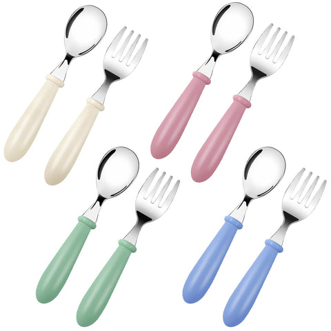 Bomtop Baby Fork and Spoon, Childrens Cutlery Stainless Steel 8pcs Set, Kids Cutlery Toddler Utensils - 4 x Forks, 4 x Dinner Spoons, Feeding Utensils Weaning Spoons for Kids (Green Blue Pink White)