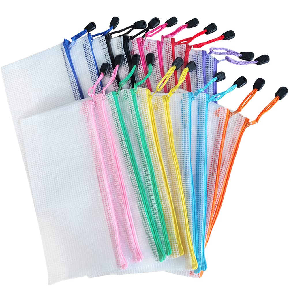 Clear Pencil Case Mesh Bag NOCHME 20 Pack Waterproof Plastic Zip Document Wallet Folder File Pouch for Exams School Supplies Bills Cosmetics Stationery and Travel Organiser, Transparent 10 Colours