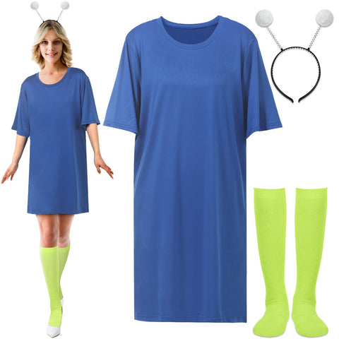 Toulite 3 Pcs Blue Alien Costume for Women Iconic Cuddly Toy Cosplay Aliens Outfit with Alien Headband Dress Knee High Socks for Women Space Theme Halloween Cosplay