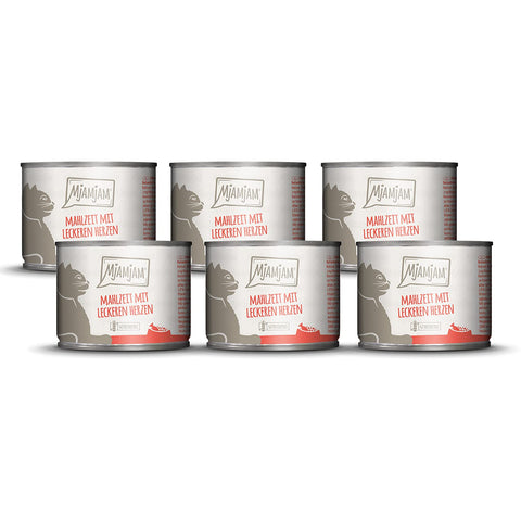 MjAMjAM - premium wet food for cats - meal with delicious hearts, pack of 6 (6 x 200 g), grain-free with extra meat