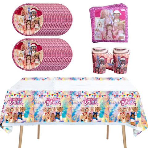 Doyomtoy 61 Piece Roblox Game Party Tableware Set for Children's Birthdays, Including Pink Paper Plates, Cups, Tablecloths and Napkins for up to 20 Guests!
