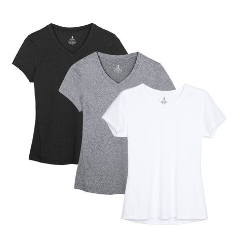 icyzone Women's Workout Running T-Shirt Yoga Fitness V-Neck Short-Sleeve Tops Sports Tee 3 Pack (XXL, Black/Gray/White)