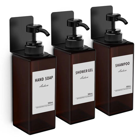 Anhow 3pcs Soap Dispenser Set, 500ml Wall Mounted Dispenser 17oz Drill Free Shampoo and Conditioner Dispenser with 16pcs Labels for Bathroom, Kitchen - Brown