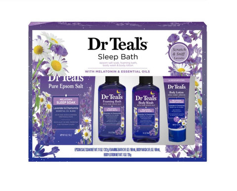 Dr Teal's Melatonin Sleep Soak Lavender & Chamomile Epsom Salt 11oz, Foaming Bath 3oz, Body Wash 3oz, Body Lotion 1oz, Gift Set