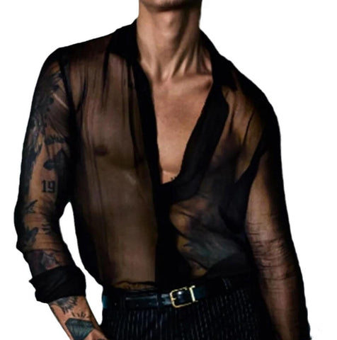 NAKEAH Men's Mesh Sexy See Through Shirt Party Nightclub Shirt Summer New Loose Laple Long Sleeve Shirt Black M