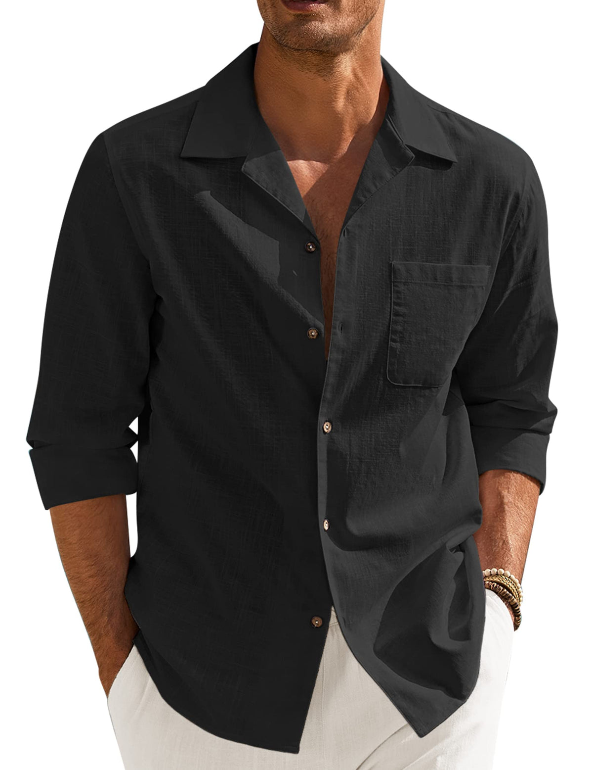 COOFANDY Men Beach Shirts Casual Cotton Linen Long Sleeve Regular Fit Yoga Shirts Black