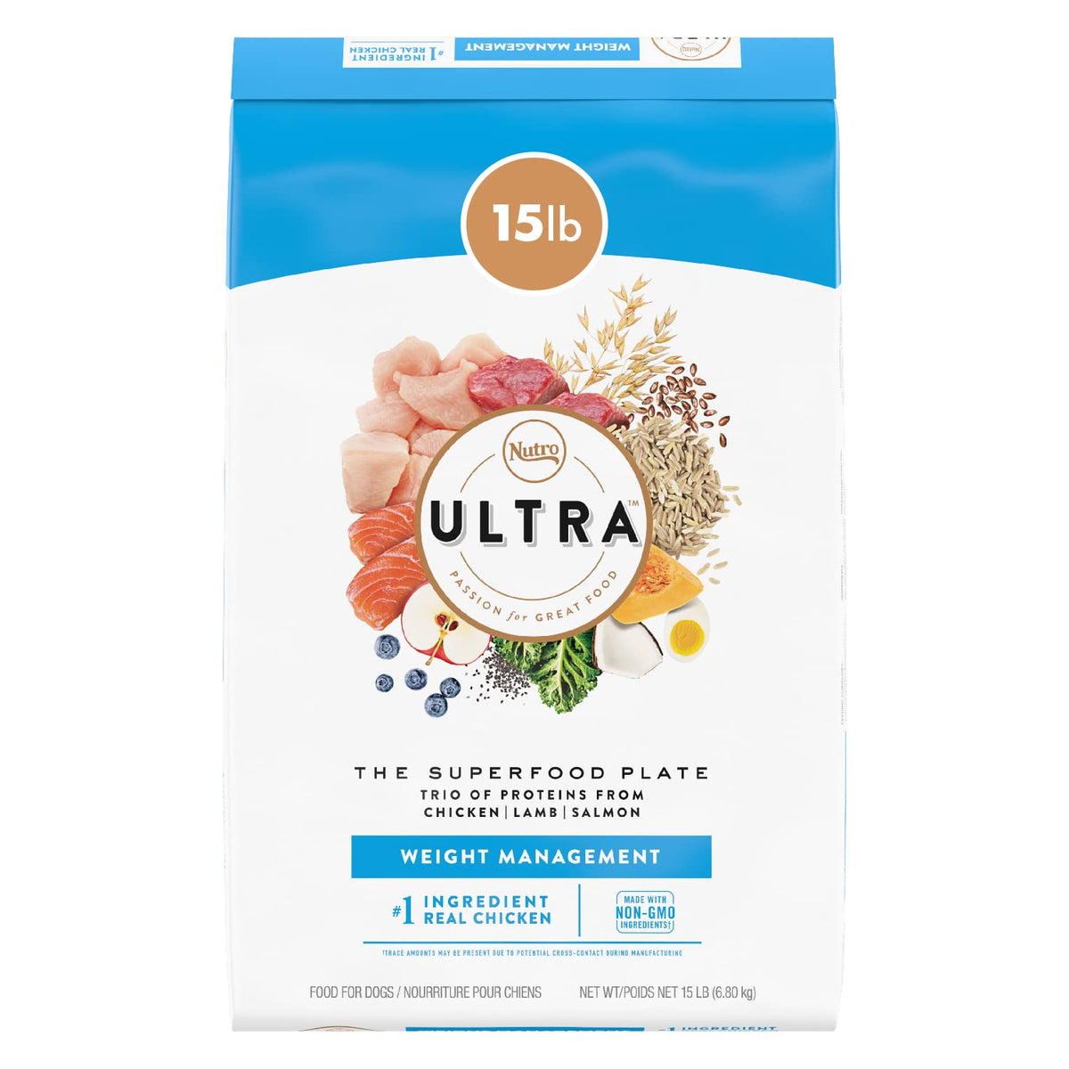 NUTRO ULTRA Adult Weight Management High Protein Natural Dry Dog Food for Weight Control with a Trio of Proteins from Chicken, Lamb and Salmon, 15 lb. Bag