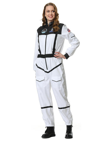 GRAJTCIN Astronaut Costume Adult Space Suit for Womens Funny Pilot Uniform Jumpsuit Mens Halloween Cosplay Outfit (M, White)