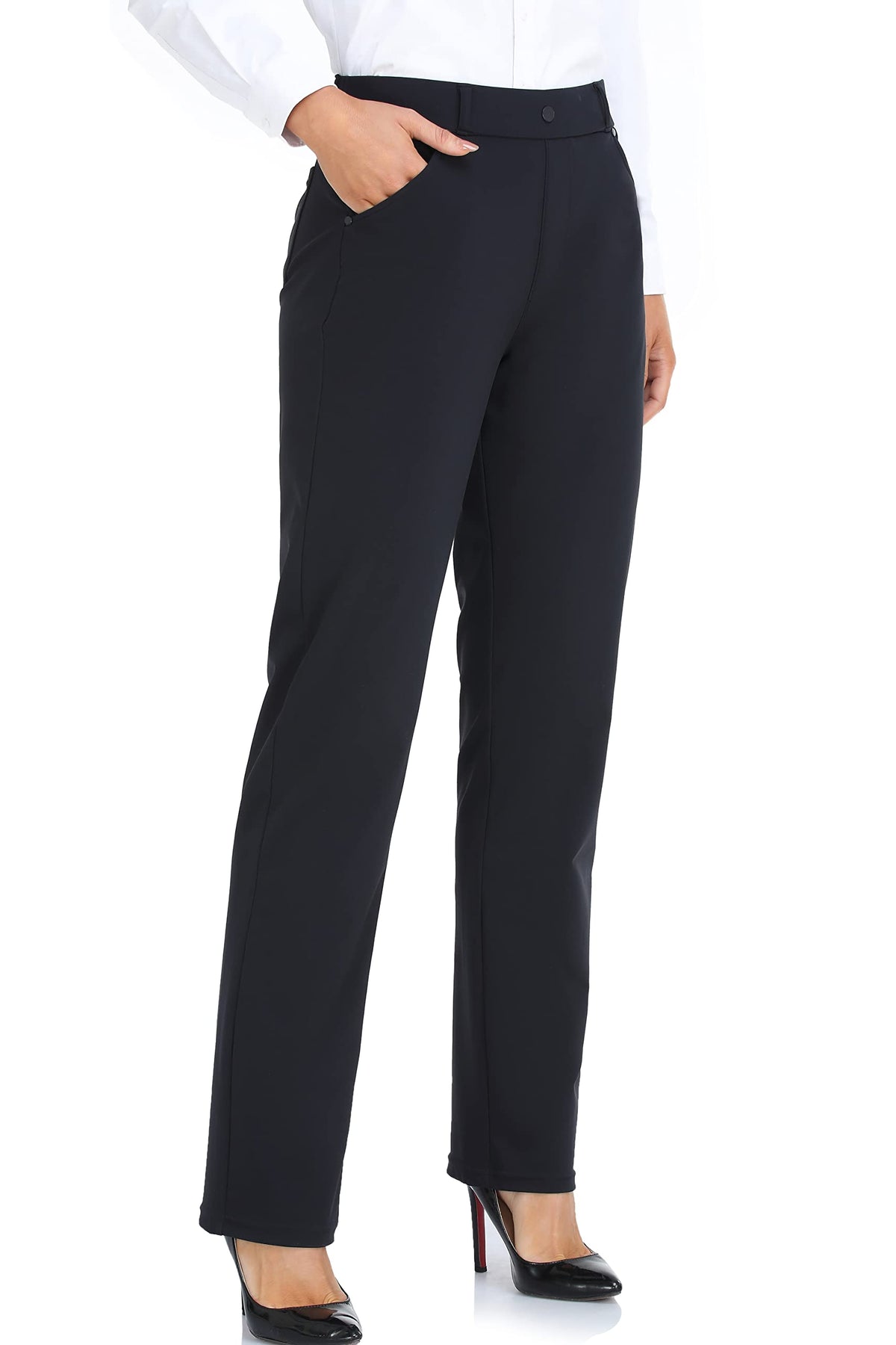 Oalka Women's Dress Pants Straight Leg Yoga Work Stretchy Pant for Office Business Black Long L