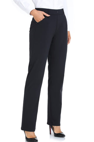 Oalka Women's Dress Pants Straight Leg Yoga Work Stretchy Pant for Office Business Black Long L