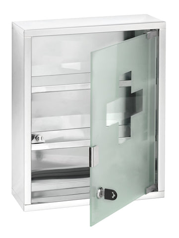 WENKO Medicine Chest shiny stainless steel, 30 x 40 cm - Medicine cabinet, lockable, Stainless steel, 30 x 40 x 12 cm, Shiny