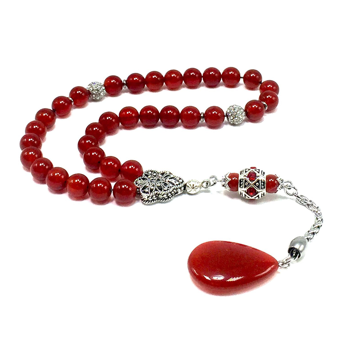 ALBATROSART -ELEGANCE COLLECTION- Prayer Beads-Tesbih-Tasbih-Tasbeeh-Misbaha-Masbaha-Subha-Sebha-Sibha-Rosary (DARK RED AGATE NATURAL STONE * DROP TASSEL -8mm 33 Beads-)