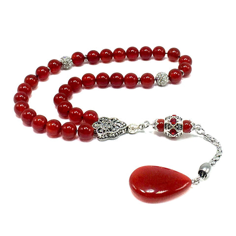 ALBATROSART -ELEGANCE COLLECTION- Prayer Beads-Tesbih-Tasbih-Tasbeeh-Misbaha-Masbaha-Subha-Sebha-Sibha-Rosary (DARK RED AGATE NATURAL STONE * DROP TASSEL -8mm 33 Beads-)
