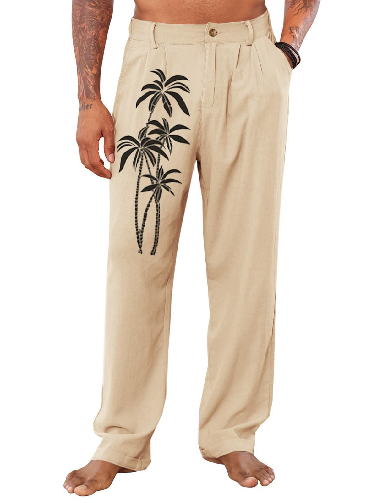 PASLTER Mens Cotton Linen Pants Casual Elastic Waist Loose Fit Summer Beach Hawaiian Yoga Trousers Beige