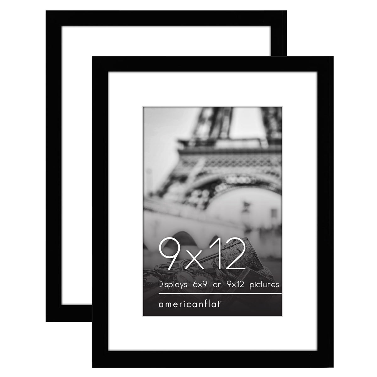 Americanflat 9x12 Picture Frame Set - Polished Plexiglass - Use as 6x9 or 9x12 - Galleria Collection - Black