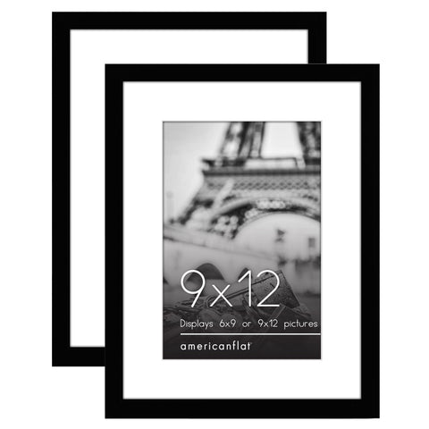 Americanflat 9x12 Picture Frame Set - Polished Plexiglass - Use as 6x9 or 9x12 - Galleria Collection - Black