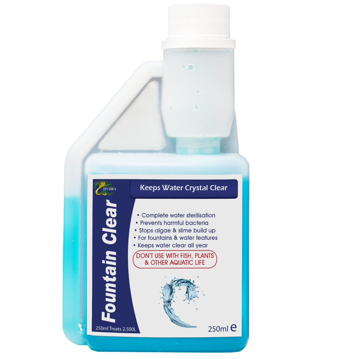Hydra Fountain Clear Water Feature Cleaning, 250ml Treats 7,500L Highest Dilution Rates, Fountain Cleaner Treatment Keeps Water Crystal Clear from Algae, Green Water, Biofilm Build-up