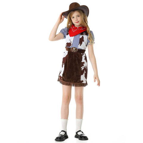 maxToonrain Cowgirl Costume for Girls Funny Holiday Princess Halloween Christmas Party Cowgirl Fancy Dress Outfit (Brown Vest and Blue Grid, 5-6 Years)