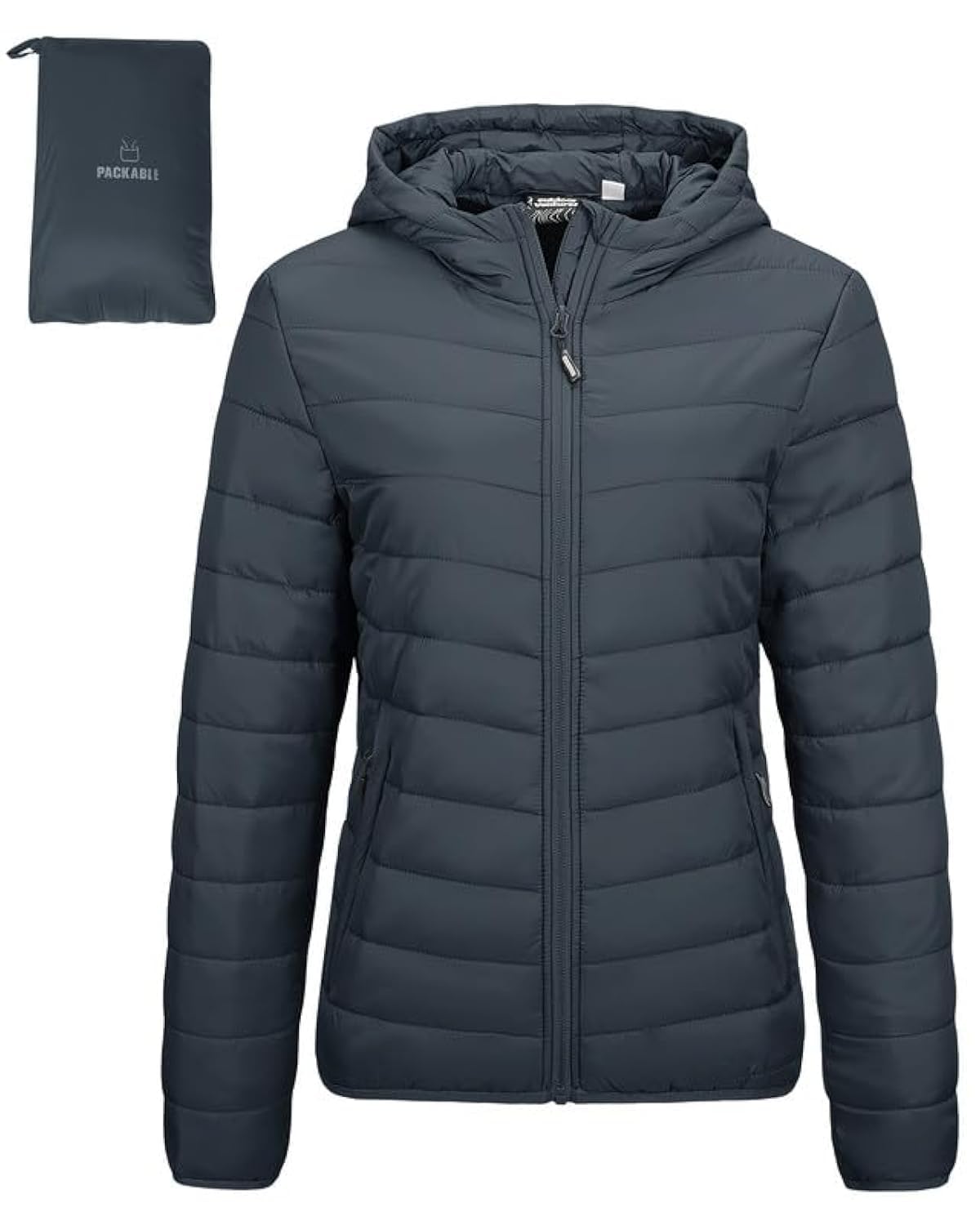 Outdoor Ventures Womens Winter Lightweight Puffer Jacket with Hood Warm Short Packable Quilted Jacket Transitional Padded Down Jacket for Ladies Lined for Hiking Travel, Dark Grey 2XL