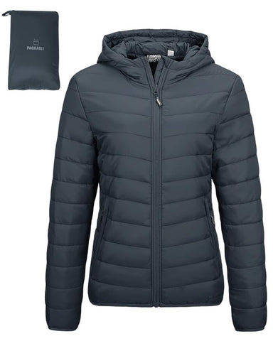 Outdoor Ventures Womens Winter Lightweight Puffer Jacket with Hood Warm Short Packable Quilted Jacket Transitional Padded Down Jacket for Ladies Lined for Hiking Travel, Dark Grey 2XL