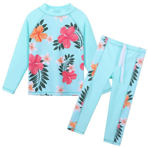 Girls Two Piece Swimsuit Floral UPF 50+ Rash Guard Set Kids Swimwear S247_CyanFlower_8A