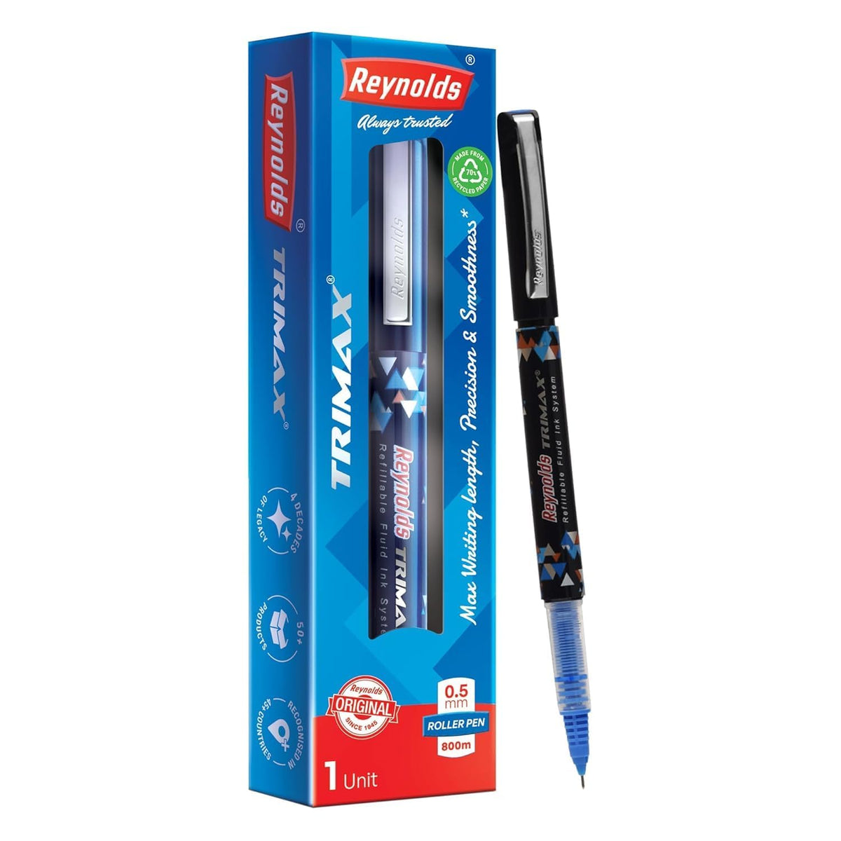 Reynolds TRIMAX RollerBall Pen SET - 1 PEN BLUE | ROLLER BALL PEN FOR WRITING | PEN FOR STUDENTS & OFFICE STATIONERY | 0.5 mm TIP SIZE