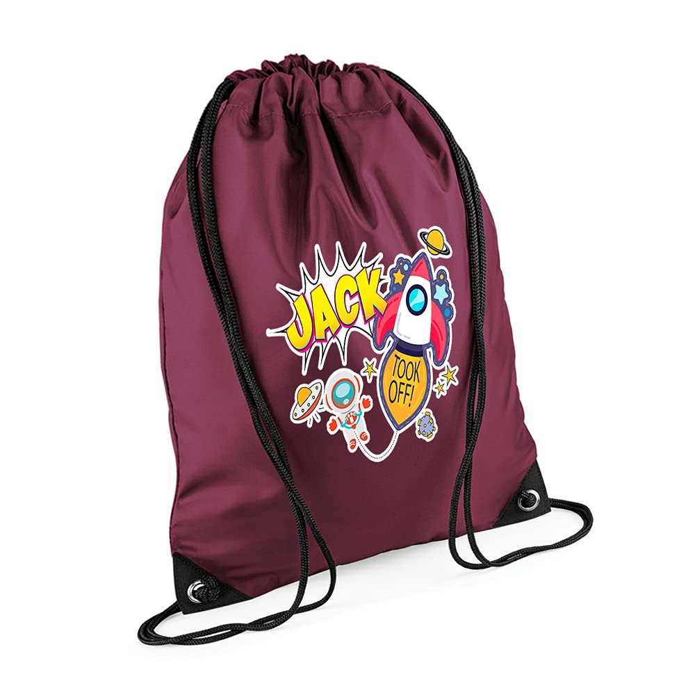 Personalised Space boy Astronaut Guy Rocket Stars Galaxy art Gift for KidsBirthday Back To School New Term Toddlers Drawstring Bag, PE Gym Kit, Swimming Rucksack. (Burgundy Front)