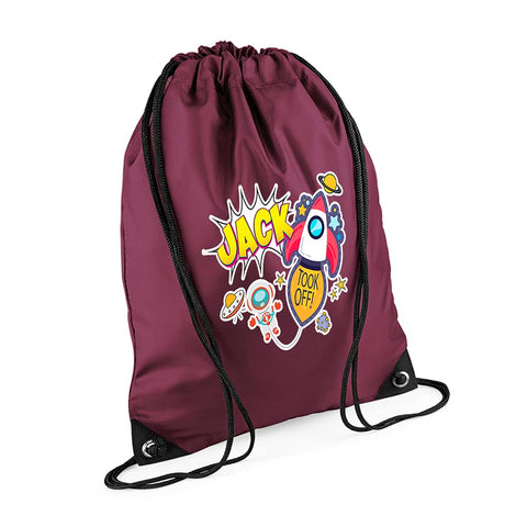 Personalised Space boy Astronaut Guy Rocket Stars Galaxy art Gift for KidsBirthday Back To School New Term Toddlers Drawstring Bag, PE Gym Kit, Swimming Rucksack. (Burgundy Front)