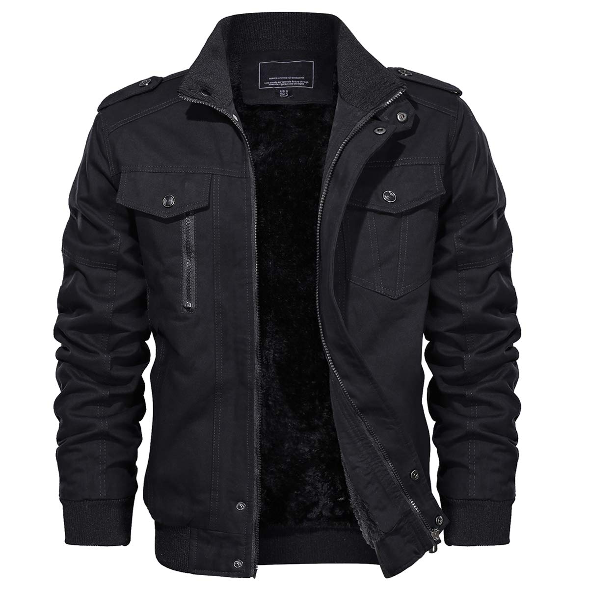 TACVASEN Men Jackets Casual Winter Cargo Jacket Mens Fleece Outdoor Hiking Jacket Warm Work Windproof Jacket Black