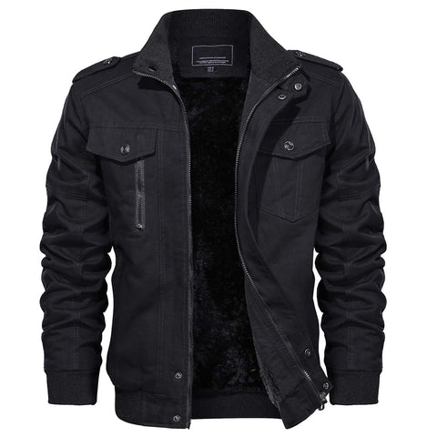 TACVASEN Men Jackets Casual Winter Cargo Jacket Mens Fleece Outdoor Hiking Jacket Warm Work Windproof Jacket Black