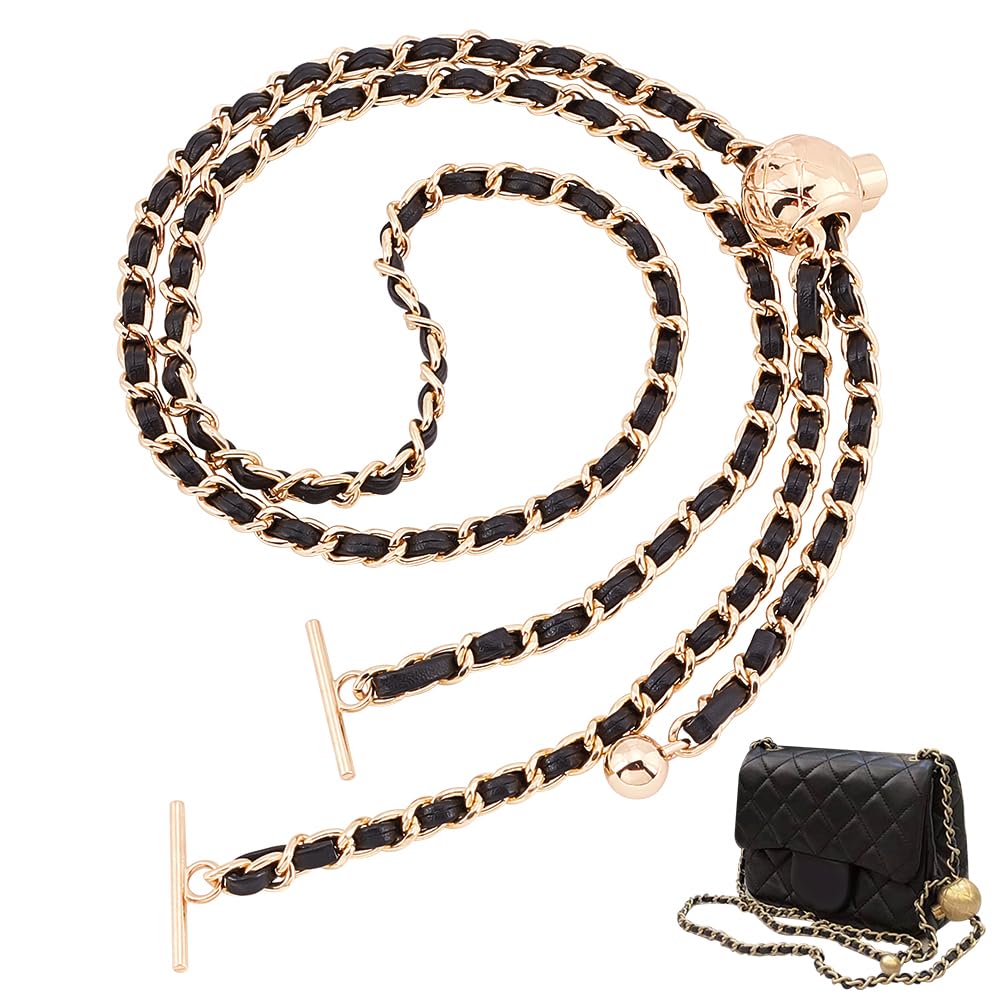 WADORN Adjustable Purse Chain Strap, 45.9 Inch PU Leather Shoulder Strap Replacement Thin Metal Crossbody Bag Chain with T-Bar Clasp Flat Handbag Chain Accessories for Clutch Bag Satchel, Black