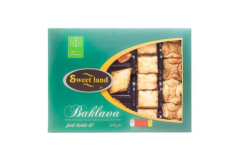 Sweet Land Vegan Baklava Selection - 500g Pack | Handmade Traditional Lebanese Baklava | Ramadan, Mother's Day, Easter, & Eid | Mixed Selection Tray with Almond & Cashew Nuts | UK Made | Gift Box