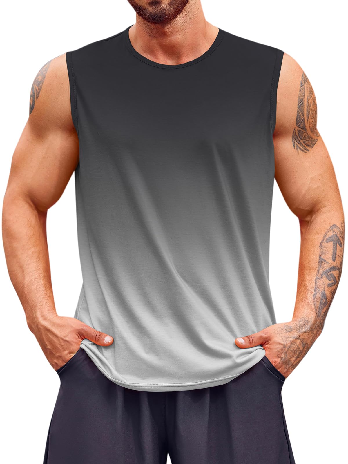 Runcati Mens Sleeveless Tank Tops Workout Muscle Gym T Shirts Crew Neck Gradient Tee Tops Black