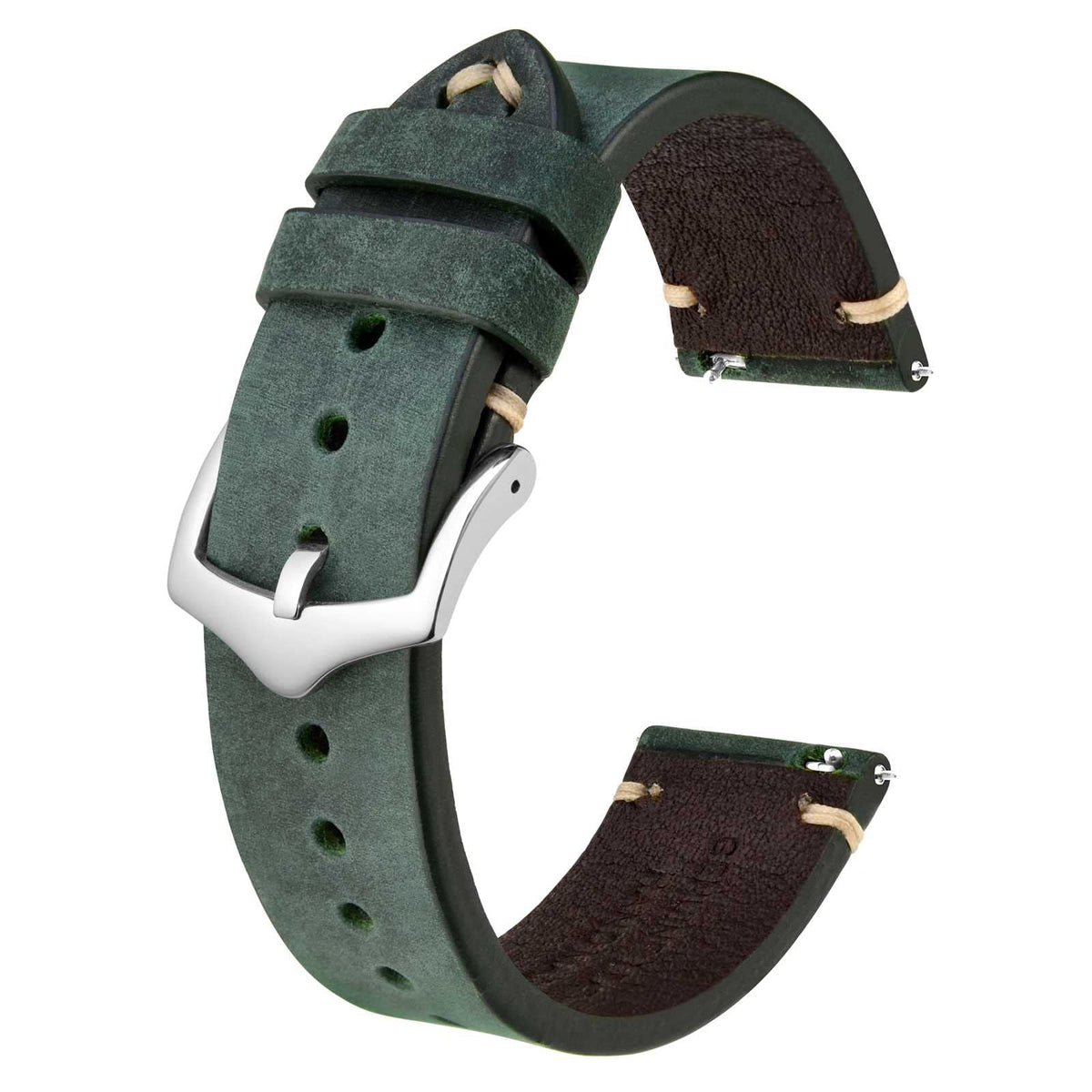 BISONSTRAP Men's Watch Straps, Hand-Stitched Leather Watch Replacement Bands, Quick Release, 18mm, Green with Silver Buckle
