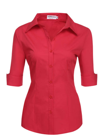 HOTOUCH Blouse Women Formal Work Wear 3/4 Sleeve Cotton Fitted Shirt Office Shirts Button Down V-Neck Tops Red XL