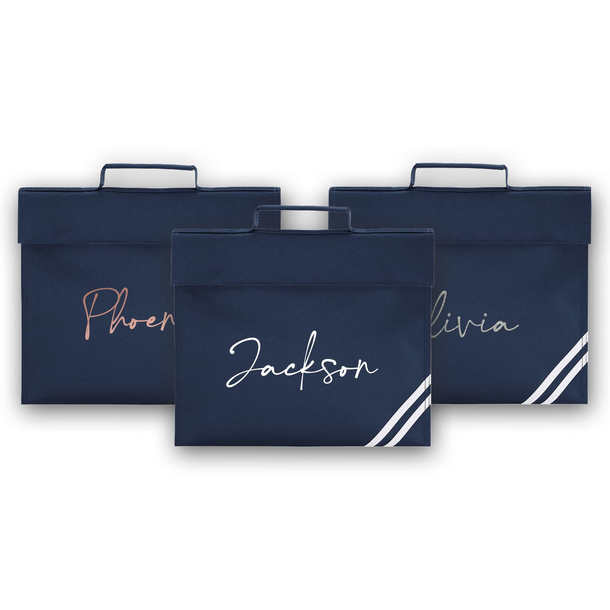 Personalised Book Bag School Kids Childrens Boys Girls Junior Toddlers Any Name Glitter Lunch Organiser Swimming P.E Bag Handwriting (Navy)