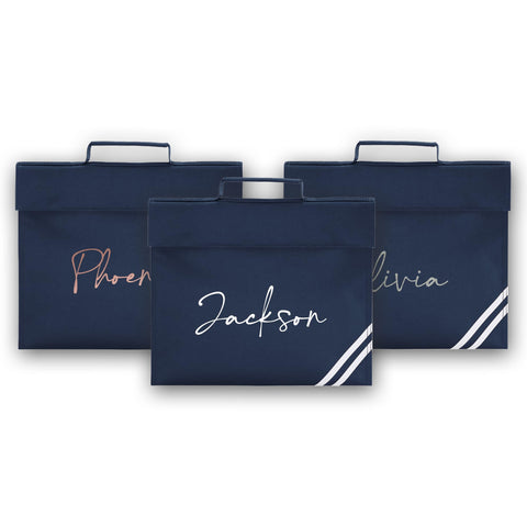 Personalised Book Bag School Kids Childrens Boys Girls Junior Toddlers Any Name Glitter Lunch Organiser Swimming P.E Bag Handwriting (Navy)
