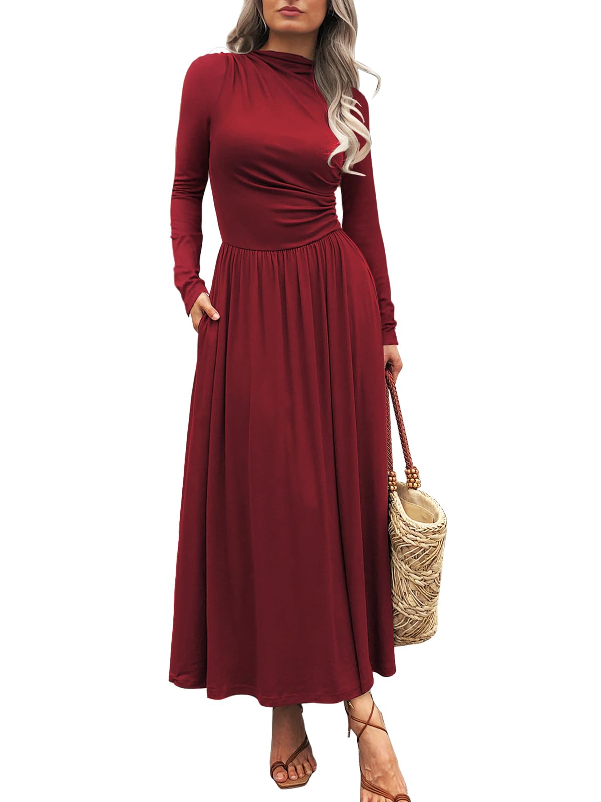 Mieazom Women's Long Sleeve Maxi Dress 2024 Fall Crewneck Knit Plain Empire Waist Casual Slim Pleated Dresses with Pockets, Wine Red, L
