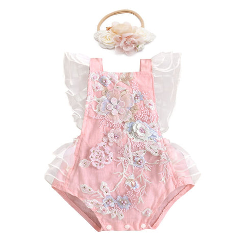 Baby Girls Boho Romper Dress 1st Birthday Cake Smash Outfit Girl Newborn Photography Infant Toddler Easter Dresses Lace Summer Jumpsuit Headband Christening Clothes Photoshoot Pink Floral 12-18 Months