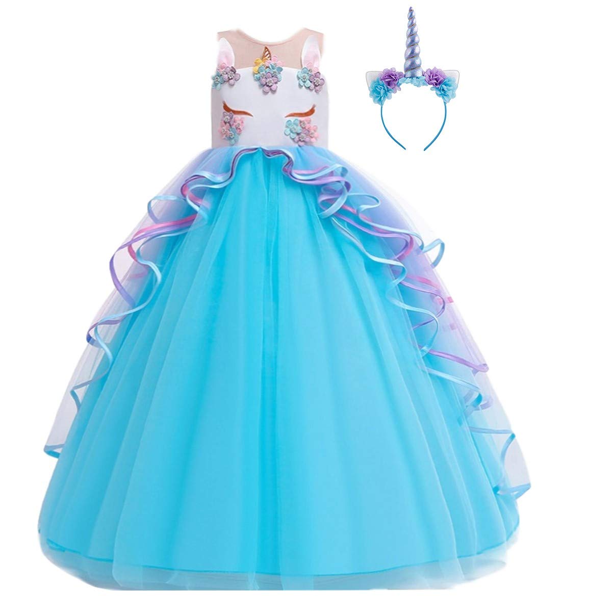 HIHCBF Girls Unicorn Costume Pageant Princess Party Dress Wedding Birthday Halloween Carnival Long Maxi Gown w/Headband Blue 10-11T
