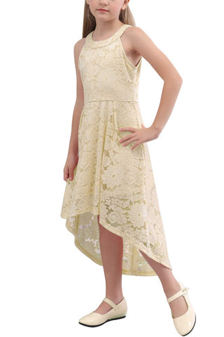 GORLYA Girl's Elegant Halter Neck Floral Lace Hi-Lo Flower Girl Birthday Party Dress for 4-14T Kids (GOR1027, 4-5Y, Beige)