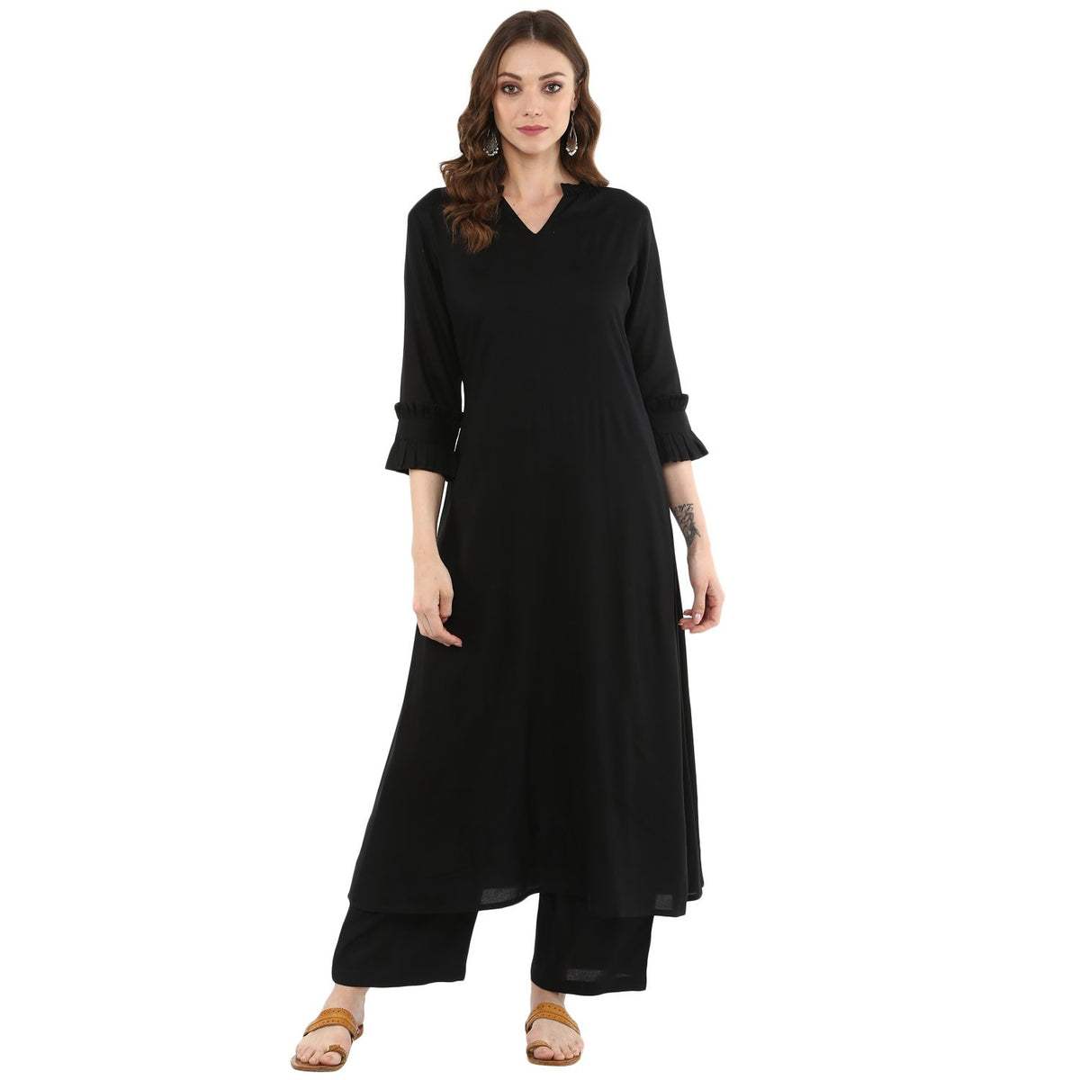 Idalia Printed Cotton Kurta Set with Dupatta - Best Festive and Party Ethnic Wear - 3/4th Sleeve, Round V-Neck, Calf Length Straight Kurta Black