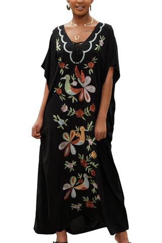 YouKD Embroidered Floral Kaftan Bohemian Beach Dress Bikini Coverups Long Bathrobes for Women B Black
